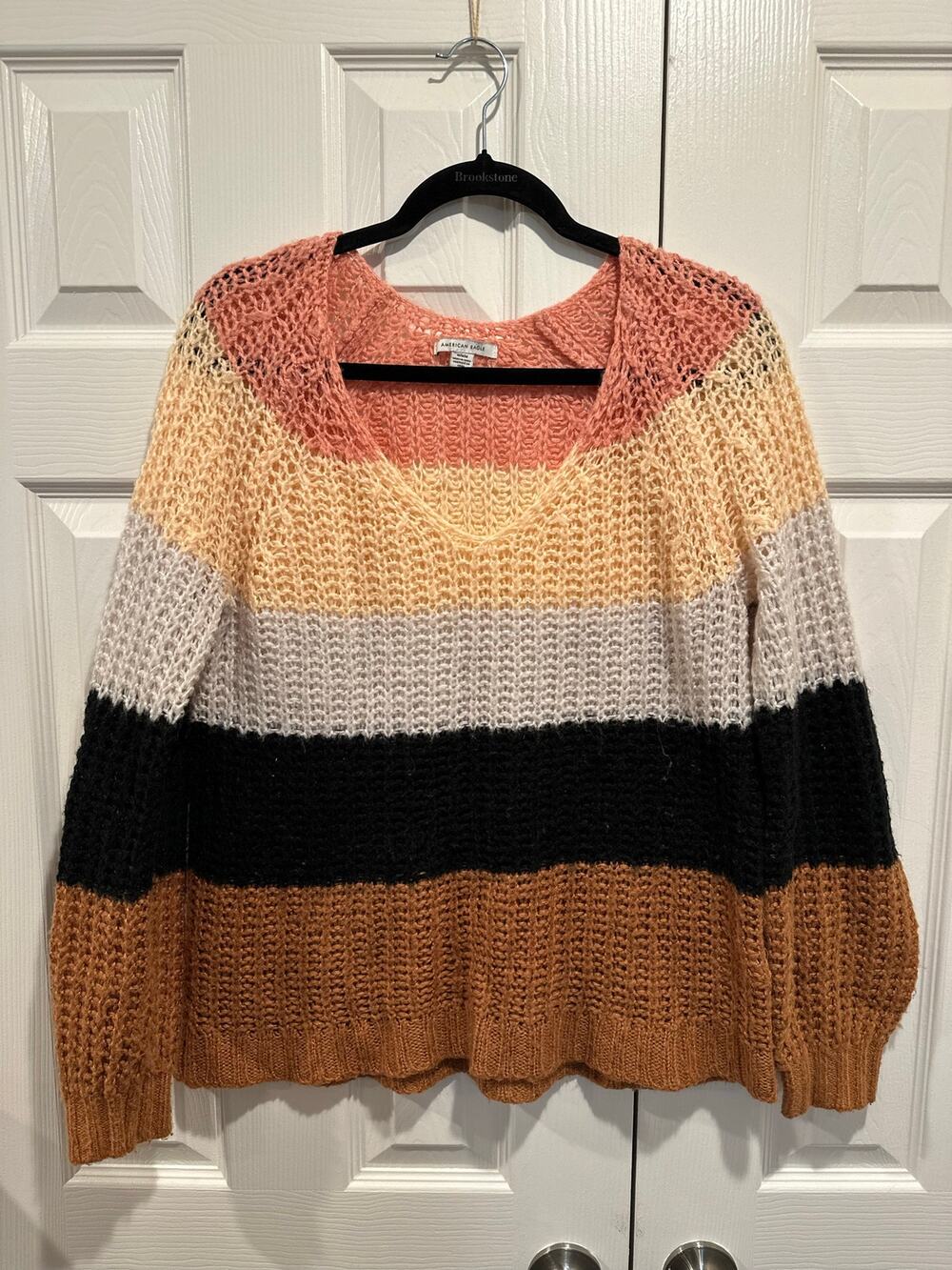 American Eagle Colorblock Chunky Knit V-Neck Sweater Size M Pink Brown Black⁠